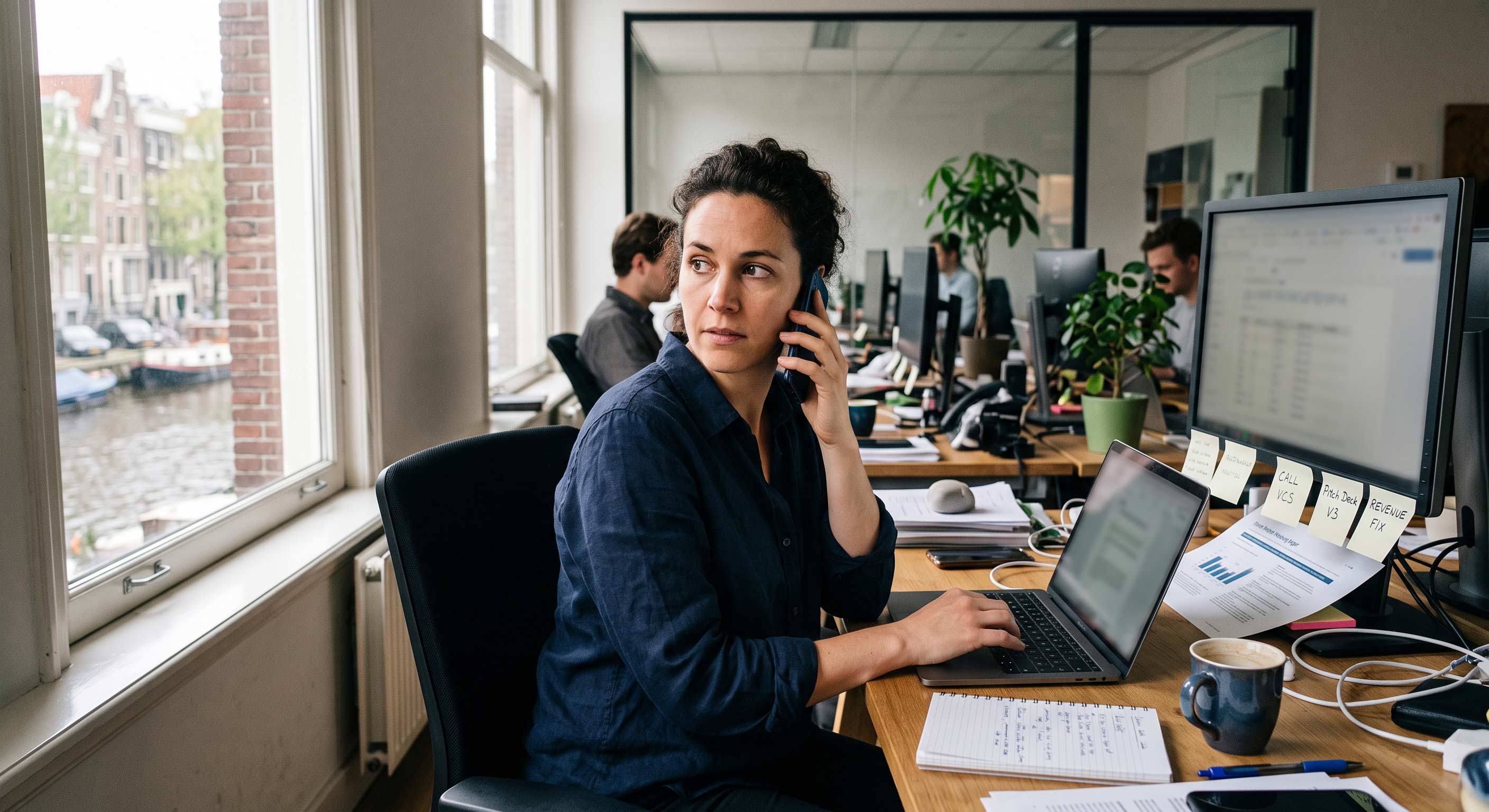 A founder at her desk, phone to her ear, the only one who can carry the deal.